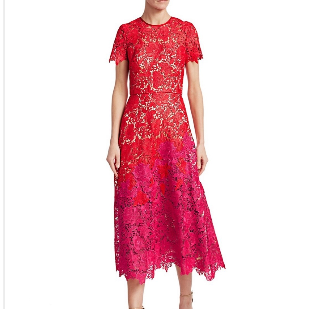 Theia Ombrè Lace Short-Sleeve Tea Length Gown